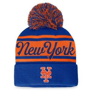 NWT NIB New York Mets Women's Script Cuffed Knit Hat with Pom - Royal/Orange